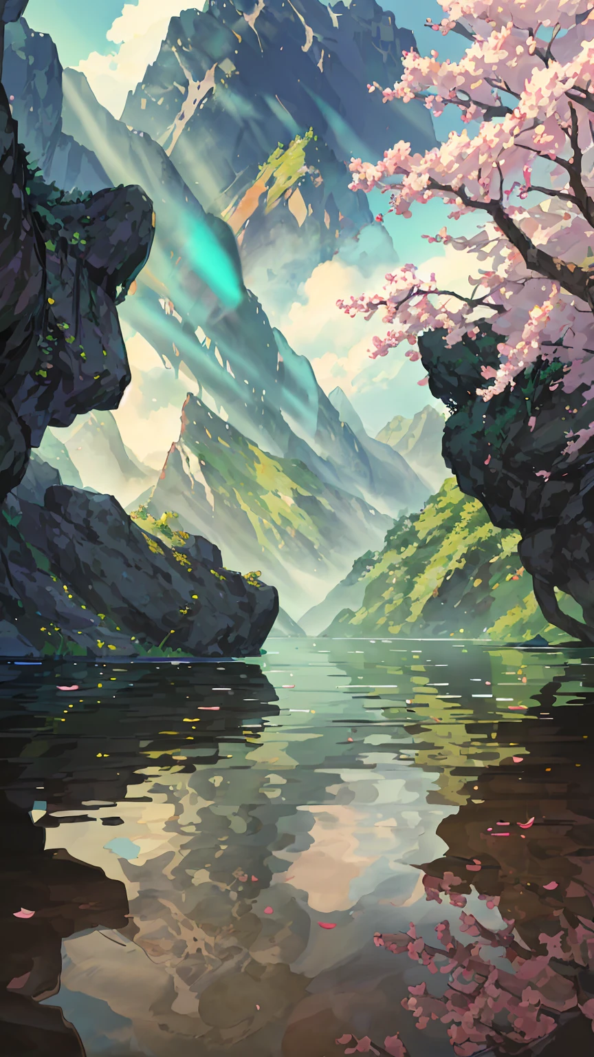 China, spring, jungle, lake, cave, Fall, Tree, grassland, rock, deer, hot spring, water vapor, (illustration: 1.0), Epic Composition, Realistic lighting, High-resolution details, masterpiece, best quality, (Highly detailed CG Unity 8k wallpaper)