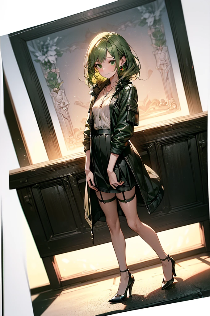 ((Biologically correct limb count))、(( Full-body photo including face))、4K、((Standing position))、masterpiece、((Focus on the face))、((Symmetrical facial features))、Eye for detailed depiction、Beautiful blue-haired woman、Excellent style、Beautiful clavicle、Beautiful feet、Beautiful Hands、Slender body、(stockings、garter belt、High heels）、Facial detailing、Small earrings、necklace、(rubber jacket、Rubber Skirt)、High heelsに照明を当てる、tie、sunny、(((White framed photo)))、Fascinating、Night street、(Low - Angle、A camera angle that captures the inside of a skirt from below)、gloves、(((Green Hair)))
