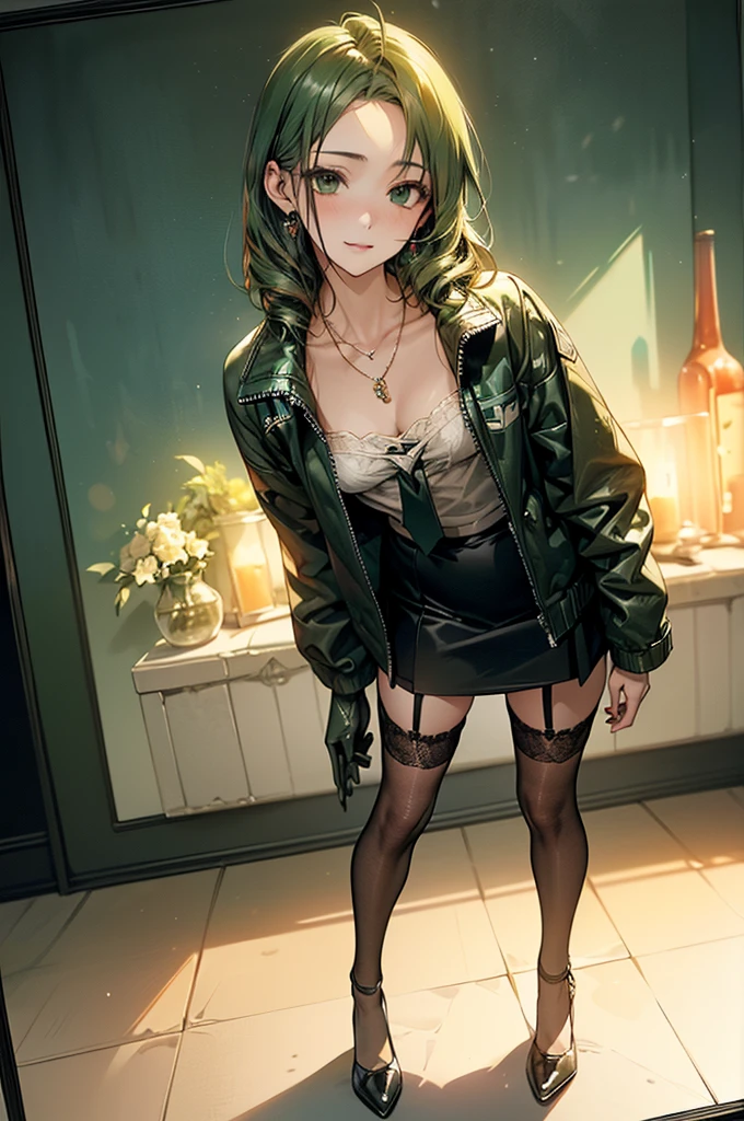 ((Biologically correct limb count))、(( Full-body photo including face))、4K、((Standing position))、masterpiece、((Focus on the face))、((Symmetrical facial features))、Eye for detailed depiction、Beautiful blue-haired woman、Excellent style、Beautiful clavicle、Beautiful feet、Beautiful Hands、Slender body、(stockings、garter belt、High heels)、Facial detailing、Small earrings、necklace、(rubber jacket、Rubber Skirt)、High heelsに照明を当てる、tie、sunny、(((White framed photo)))、Fascinating、Night street、(Low - Angle、A camera angle that captures the inside of a skirt from below)、gloves、(((Green Hair)))