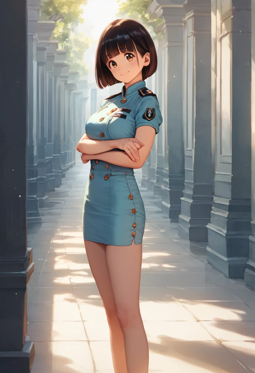 score_9,score_8_up,score_7_up,masterpiece,best quality, source anime, realistic, super detailed, extreme detailed, rating_safe,
1girl, solo, 22yo, short hair, bob cut, (blunt bangs), black hair, (tareme, detailed cute brown eyes), curled eyelashes, (large breasts:0.9), 
shiny hair, beautiful detailed eyes, beautiful face,
promotional model uniform, near future, short sleeve fashionable jacket, tight fit short sleeve dress, 
smile,
exposition, Companion
