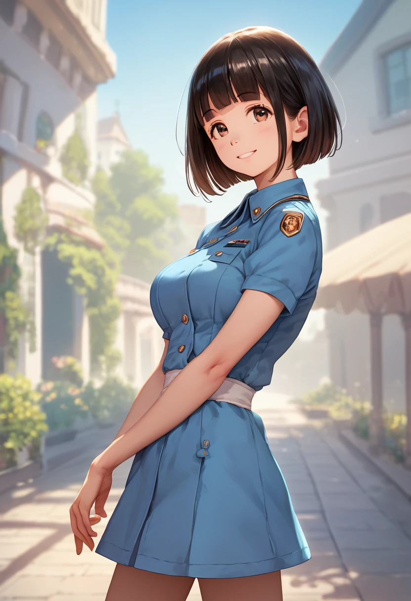 score_9,score_8_up,score_7_up,masterpiece,best quality, source anime, realistic, super detailed, extreme detailed, rating_safe,
1girl, solo, 22yo, short hair, bob cut, (blunt bangs), black hair, (tareme, detailed cute brown eyes), curled eyelashes, (large breasts:0.9), 
shiny hair, beautiful detailed eyes, beautiful face,
promotional model uniform, near future, short sleeve fashionable jacket, tight fit short sleeve dress, 
smile,
exposition, Companion