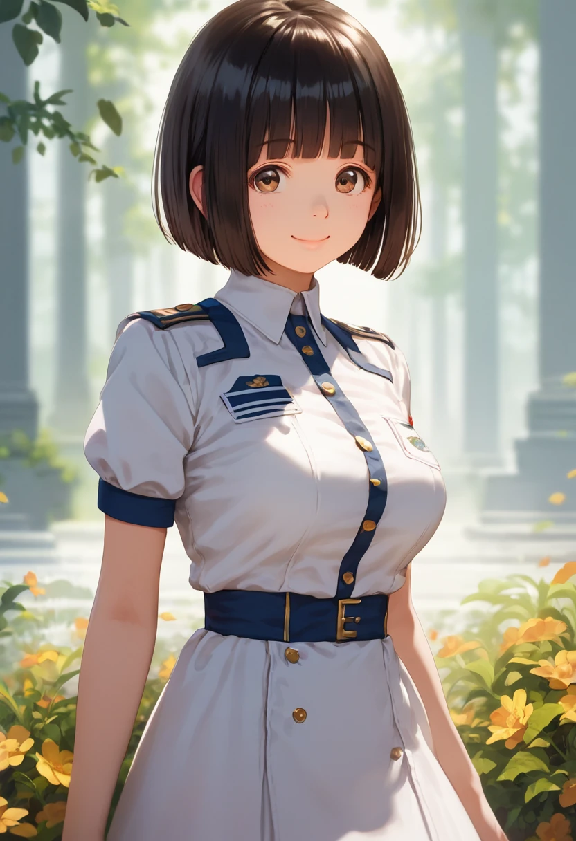 score_9,score_8_up,score_7_up,masterpiece,best quality, source anime, realistic, super detailed, extreme detailed, rating_safe,
1girl, solo, 22yo, short hair, bob cut, (blunt bangs), black hair, (tareme, detailed cute brown eyes), curled eyelashes, (large breasts:0.9), 
shiny hair, beautiful detailed eyes, beautiful face,
promotional model uniform, near future, short sleeve fashionable jacket, tight fit short sleeve dress, 
smile,
exposition, Companion