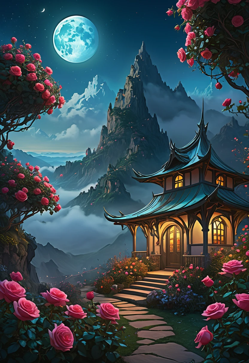 The garden scene in the sky, roses blooming all over the mountains, color magic collision, magic hut standing at random, fantasy, night, complex, sharp focus, dark light, volume fog, moon edge light, illustrations, high detail, digital painting, concept art, matte, the art of wlop and artgem and the art of Greg Rutkowski and Alphonse Mucha, masterpieces, 8K 
, (masterpiece, award winning artwork)
Trending on Artstation, many details, extreme detailed, creative,
Wide range of colors, high Dynamic, best quality