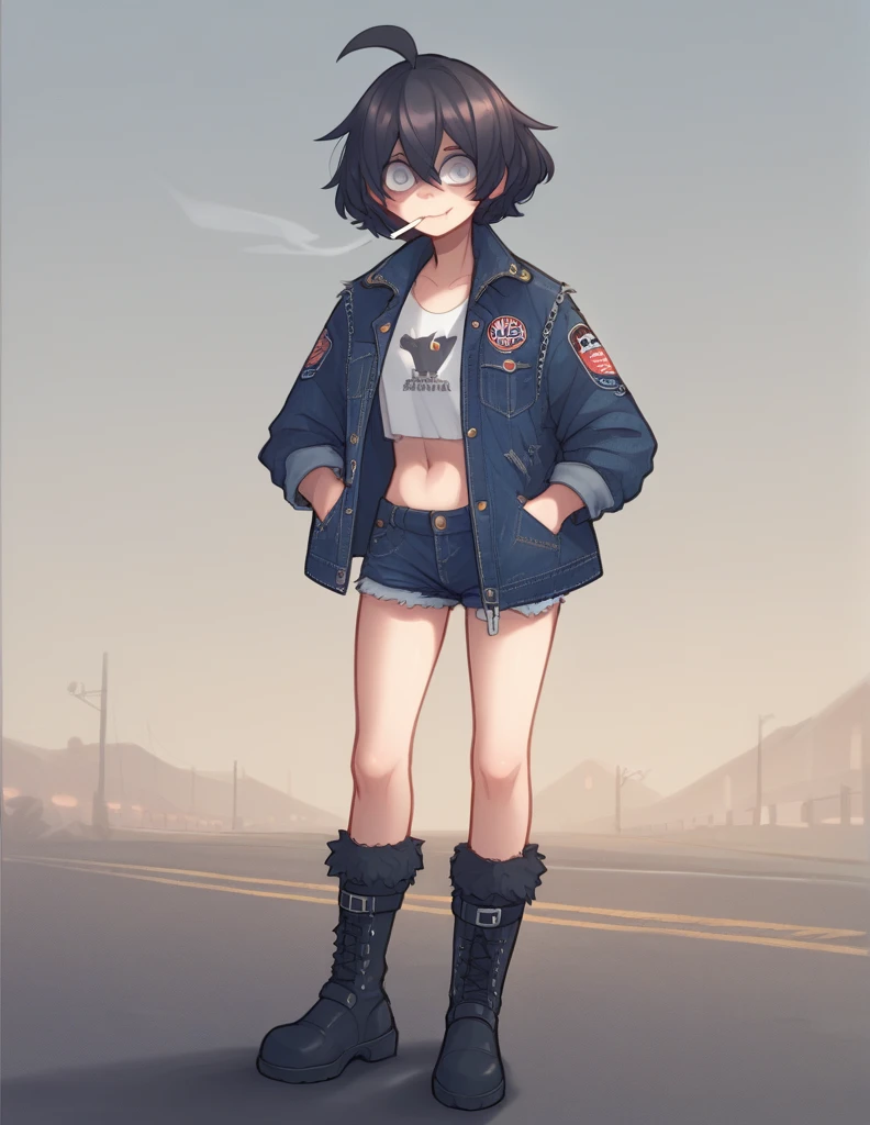 1 girl, alone, black fur, short hair, messy fur, Ahoge, grey eyes, blind eyes, kind eyes, very nervous, Beautiful smile, sweet look,
black boots, military boots, mesh netting, big square tights, denim mini shorts, minishort super cortos, long sleeve top, top gris, large jacket, denim jacket,
Multiple padlocks, chain accessories,
Exposed navel, hands in pockets, cigarette in mouth, 
moto, chopper motorcycle, road 