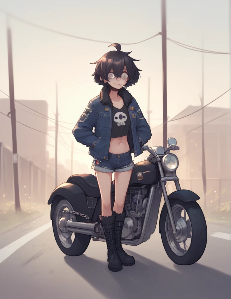 1 girl, alone, black fur, short hair, messy fur, Ahoge, grey eyes, blind eyes, kind eyes, very nervous, Beautiful smile, sweet look,
black boots, military boots, mesh netting, big square tights, denim mini shorts, minishort super cortos, long sleeve top, top gris, large jacket, denim jacket,
Multiple padlocks, chain accessories,
Exposed navel, hands in pockets, cigarette in mouth,
moto, chopper motorcycle, road