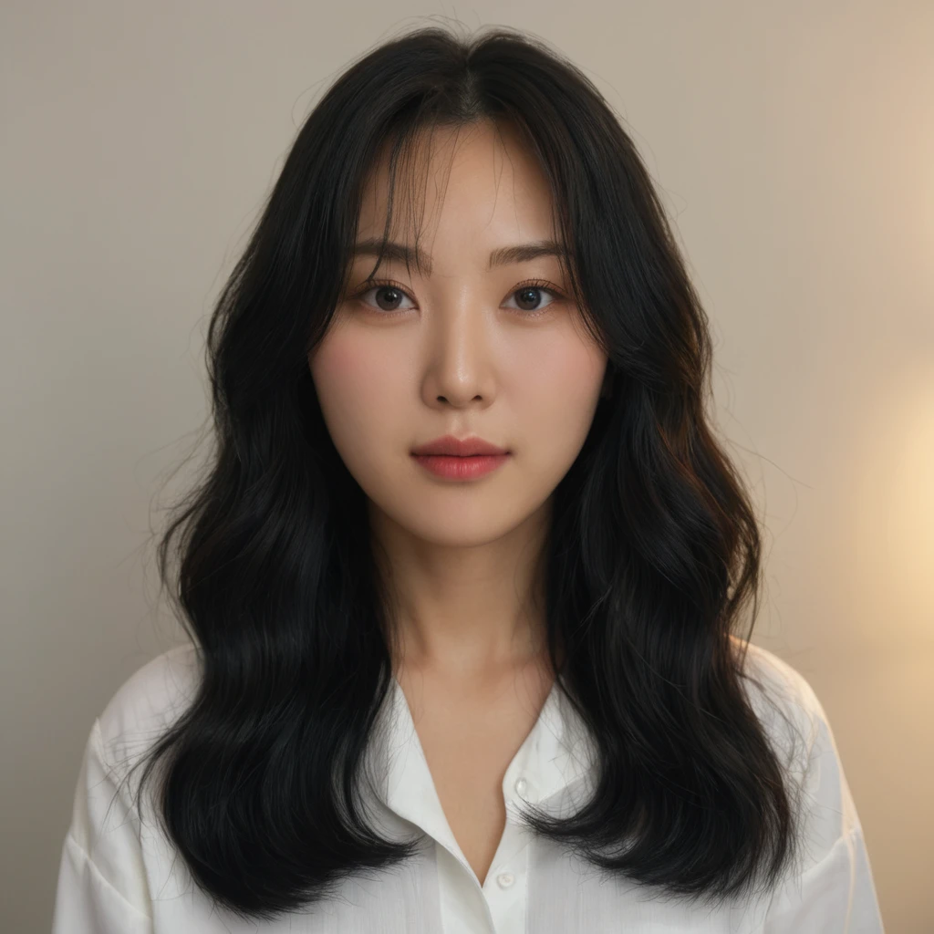 Best Quality, 8k, Masterpiece, (Portrait: 1.3), (photo realistic:1.4), (hyper realistic:1.4), Sharp Focus, looking at viewer, (smoother lighting:1.1), (increase cinematic lighting quality:0.9), realistic lighting, backlighting, light on face, ray trace, (brightening light:1.2), (Increase quality:1.4), sharp detail, (best quality real texture skin:1.4), finely detailed eyes, black_eyes, finely detailed face, 25 year old Korean woman