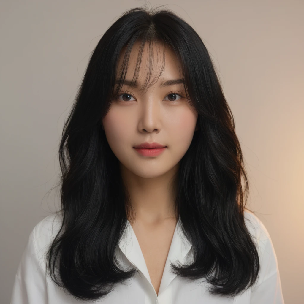 Best Quality, 8k, Masterpiece, (Portrait: 1.3), (photo realistic:1.4), (hyper realistic:1.4), Sharp Focus, looking at viewer, (smoother lighting:1.1), (increase cinematic lighting quality:0.9), realistic lighting, backlighting, light on face, ray trace, (brightening light:1.2), (Increase quality:1.4), sharp detail, (best quality real texture skin:1.4), finely detailed eyes, black_eyes, finely detailed face, 25 year old Korean woman, (white formal_shirt:1.4), (Create an image maintaining the original base model hairstyle:1.5)