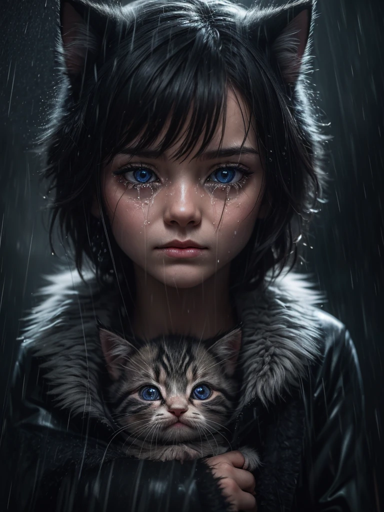 a crying baby kitten alone under the rain,evokes deep emotions,hyperrealistic,detailed realistic fur,detailed eyes and face,dramatic lighting,moody atmosphere,cinematic composition,somber colors,depth of field,award winning photography