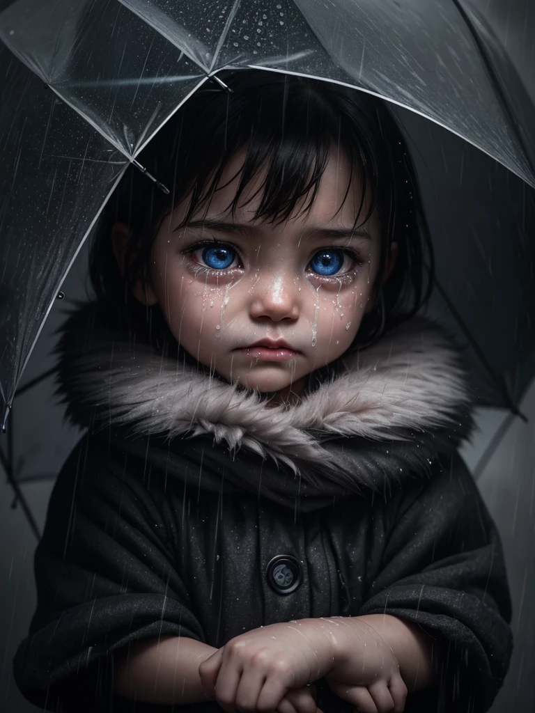 a crying baby kitten alone under the rain,evokes deep emotions,hyperrealistic,detailed realistic fur,detailed eyes and face,dramatic lighting,moody atmosphere,cinematic composition,somber colors,depth of field,award winning photography