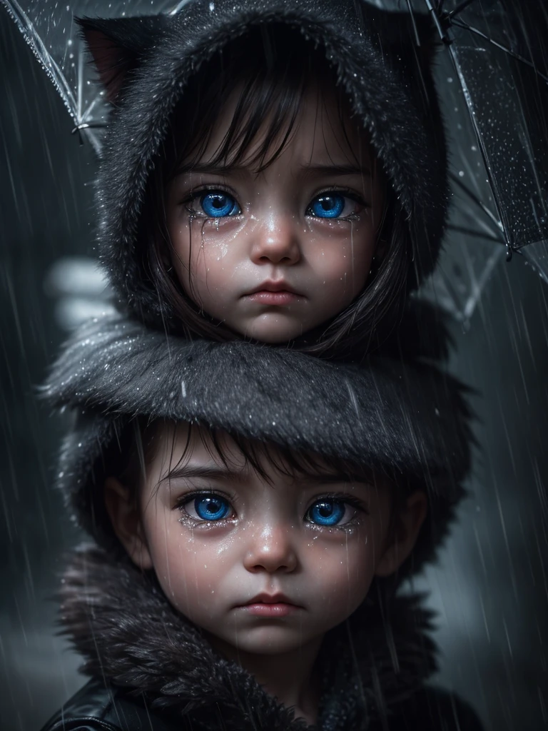 a crying baby kitten alone under the rain,evokes deep emotions,hyperrealistic,detailed realistic fur,detailed eyes and face,dramatic lighting,moody atmosphere,cinematic composition,somber colors,depth of field,award winning photography