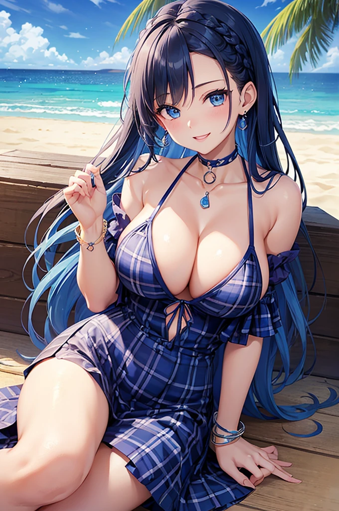 Highest quality、Highest quality、masterpiece、(8K),beauty(Age 25)、Navy blue long hair(Braiding of the sides)、blue eyes、Sexy Bikini(Plaid)、Big cleavage、(Big Breasts)、smile、blue necklace、Blue Earrings、background(Beach)、Please open your mouth wide、bracelet、Arch Pose、Blue choker