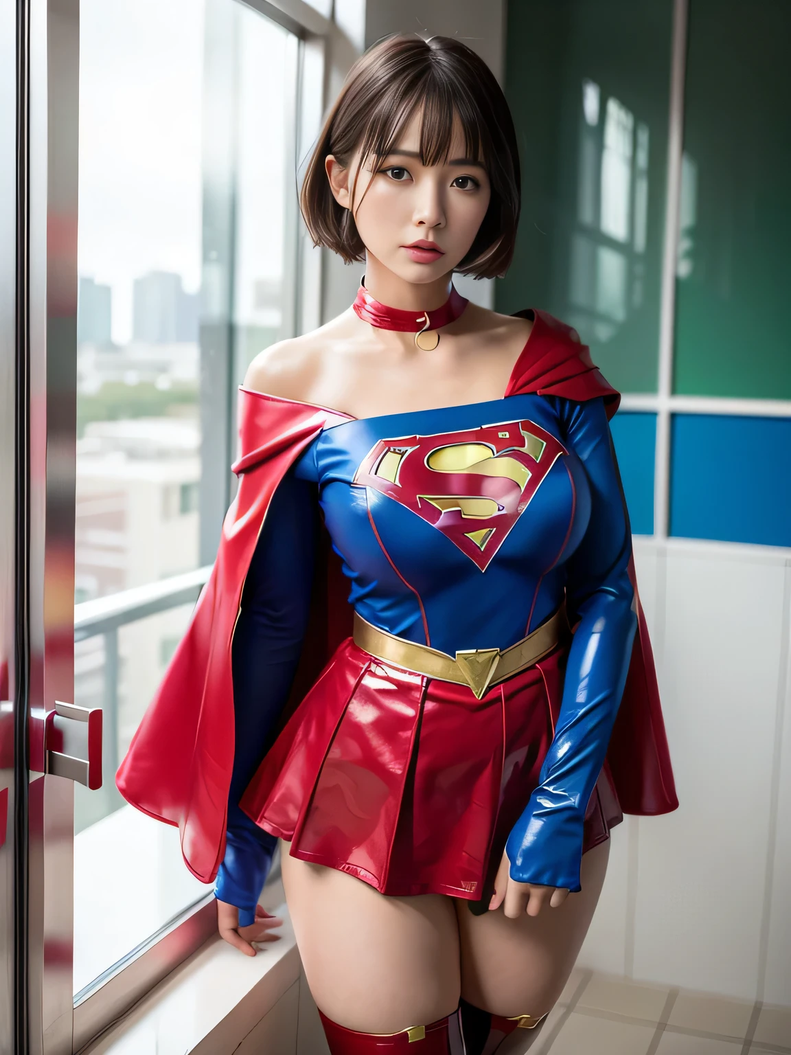 masterpiece、Enamel Supergirl Costume、short hair、Patent leather boots、Big and ample breasts、looking at the camera、choker、Long sleeve、Off the shoulder、mini skirt、Red cloak、Sweaty skin、Hospital room、During consultation、