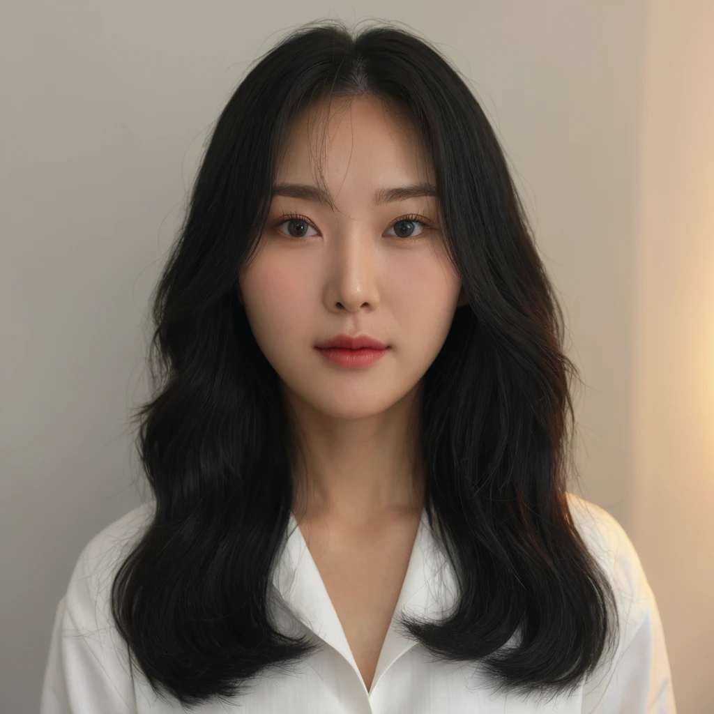 Best Quality, 8k, Masterpiece, (Portrait: 1.3), (photo realistic:1.4), (hyper realistic:1.4), Sharp Focus, looking at viewer, (smoother lighting:1.1), (increase cinematic lighting quality:0.9), realistic lighting, backlighting, light on face, ray trace, (brightening light:1.2), (Increase quality:1.4), sharp detail, (best quality real texture skin:1.4), finely detailed eyes, black_eyes, finely detailed face, 25 year old Korean woman