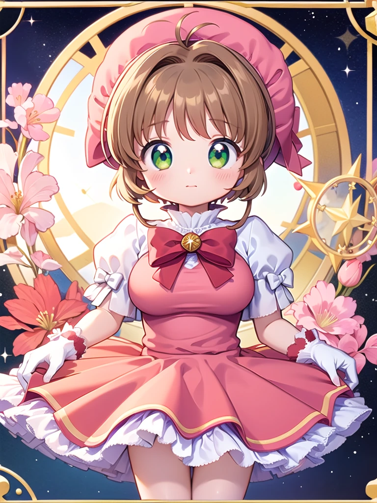 ((Highest quality)), ((masterpiece)), (be familiar with), Perfect Face, Big eyes, Drooping eyes, eyelash, The sparkling light of the eyes, (card captor sakura), (kinomoto sakura), green eyes, pink headwear, frills, pink dress, puffy short sleeves, white gloves, red bow, (mini skirt lift), (intricate detailed white satin panties), big breasts close your mouth, embarrassed, bed room