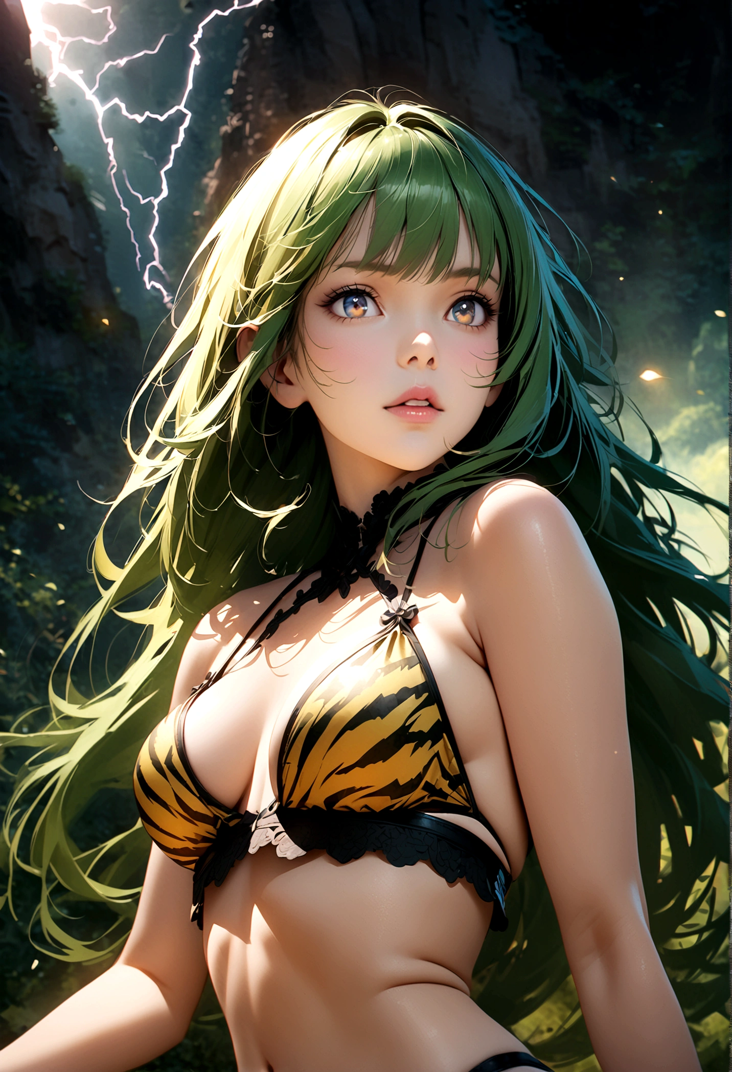 One girl, Ram, anime「Urusei Yatsura」, Elegant and delicate eyes, Detailed facial features, Long eyelashes, Beautiful lip detail, graceful and detailed poses, Very detailed, masterpiece, 4K, Yellow tiger print bikini outfit, Realistic, Cinema Lighting, Dynamic configuration, Intricate details, Vibrant colors, Soft and dreamy, Green Hair,Long Hair,Lightning Landscape,Ghost Girl