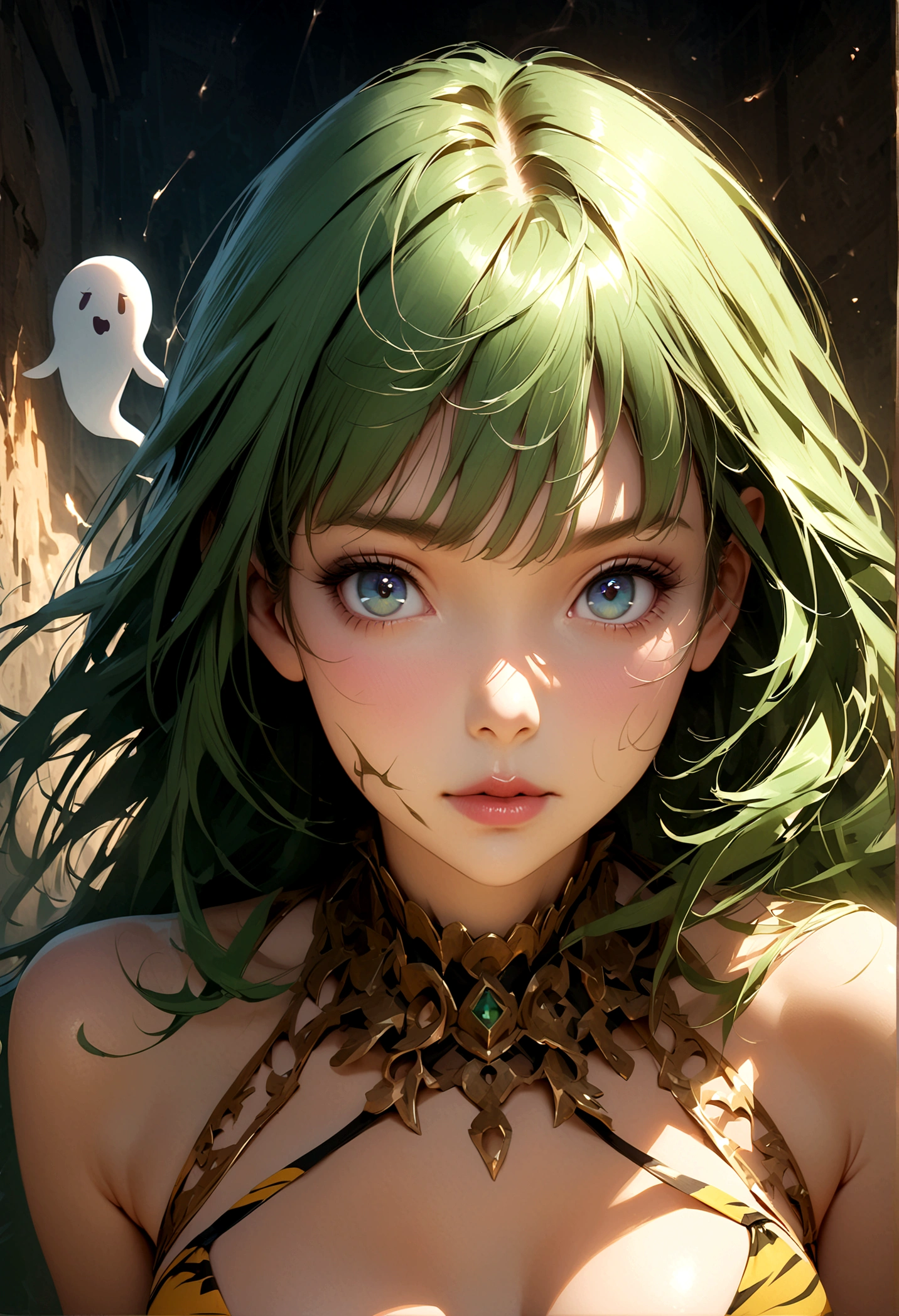 One girl, Ram, anime「Urusei Yatsura」, Elegant and delicate eyes, Detailed facial features, Long eyelashes, Beautiful lip detail, graceful and detailed poses, Very detailed, masterpiece, 4K, Yellow tiger print bikini outfit, Realistic, Cinema Lighting, Dynamic configuration, Intricate details, Vibrant colors, Soft and dreamy, Green Hair,Long Hair,Lightning Landscape,Ghost Girl
