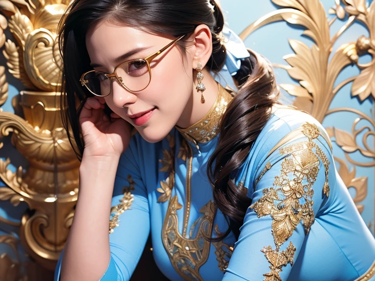 (8k, best quality, masterpiece, looks all detailed), highly detailed, detailed face, masterpiece, realistic lighting, masterpiece, best quality, masterpiece, official artwork, highly detailed 8k unity CG wallpaper, Indonesian teenage girl of Javanese descent, long black hair tied with white long ponytail patterned ribbon, graceful and beautiful, full of charm, smiling sweetly and happily, wearing glasses, wearing an empire waist shift dress long skirt with light blue pleats with gold embroidery, big breasts, wearing white high heel shoes, slender and tall body, stylish facing forward, room background.