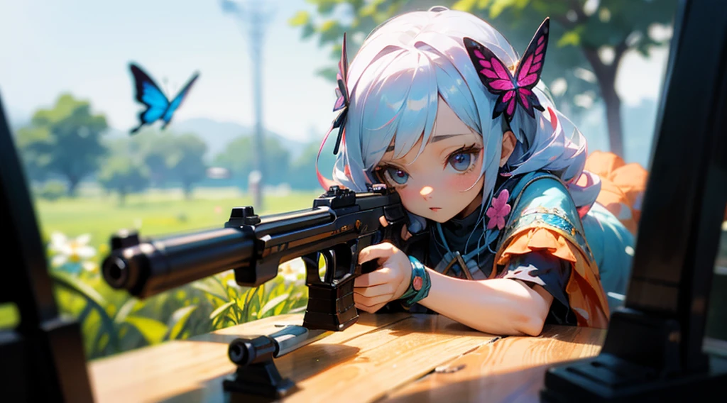 Octane Render、(Hyper-detailing: 1.15)、cinematic lightening、Cute Fantasy Princess、Handgun shooting practice、Fine Pattern Pistol,long boots、ultradetailed eyes、Full Paint、（Floral hair ornament、butterfly hair ornament）、masutepiece、Anatomically correct、blur、depth of fields