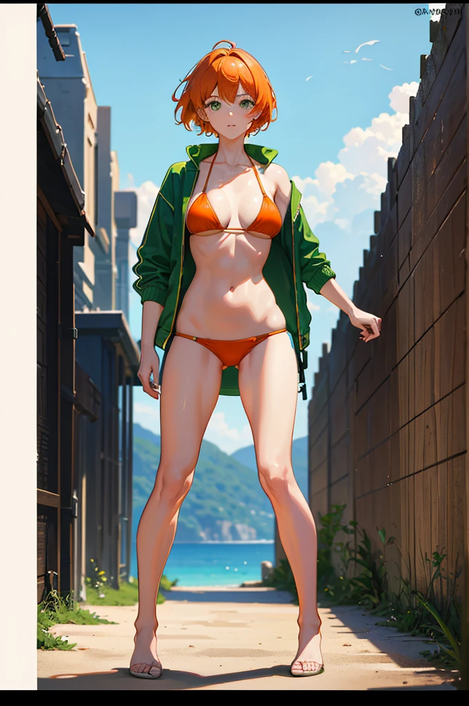 1woman, orange hair, green eyes, bikini, standing on ground, high res, ultra sharp, 8K, masterpiece