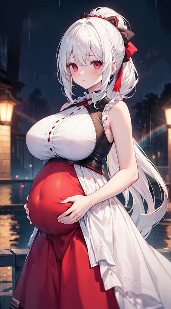 (Maximum quality)，(Depth of Field)，(whole body)，charming，Rich details，1 Girl，(White hair)，Second Dimension，Long Ponytail，Pale red eyes，Red hair accessories，sleeveless，Shoulders open，Crop Topping，Put your hands behind your back，sideways，[blush]，poker face，，night，rain，rainbow，(pregnant，Huge breasts：1.8)
