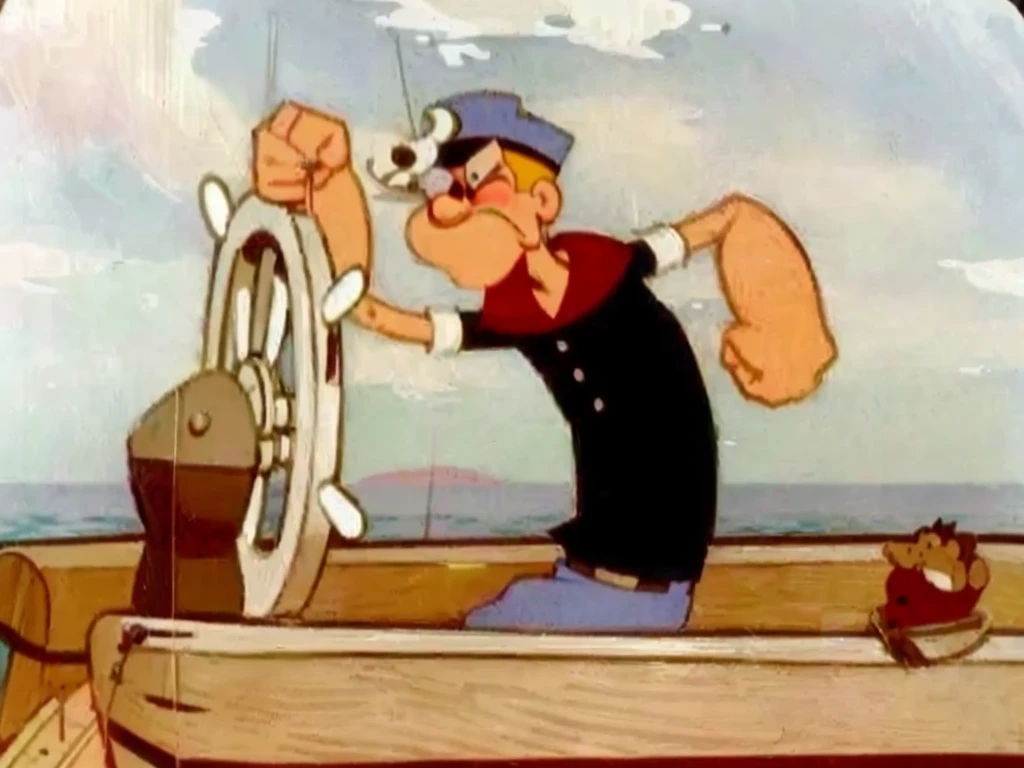cartoon of a man in a boat with a steering wheel, popeye, max fleischer, cartoon still, cartoon image, by Tex Avery, bob clampett, it is the captain of a crew, steamboat willy, 1 9 6 0 cartoon style, film still from an cartoon, 60's cartoon-glass-helmet, porky pig