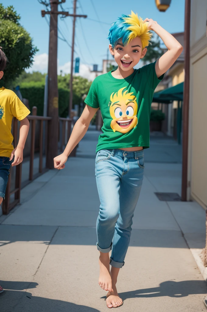 3D cartoon character of boy in fun Disney pixar style, with glowing yellow skin, eyes browns, straight blue hair with a pompadour, light green t-shirt, green jeans, barefoot. Face with a look of joy