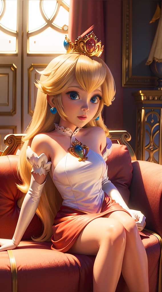 PrincessPeach,photorealistic,nude,detailed female anatomy,beautiful detailed eyes,beautiful detailed lips,sitting on couch,flowing dress,dramatic lighting,intricate floral patterns,rich colors,elegant,art nouveau style,cinematic composition,ultra-detailed,masterpiece