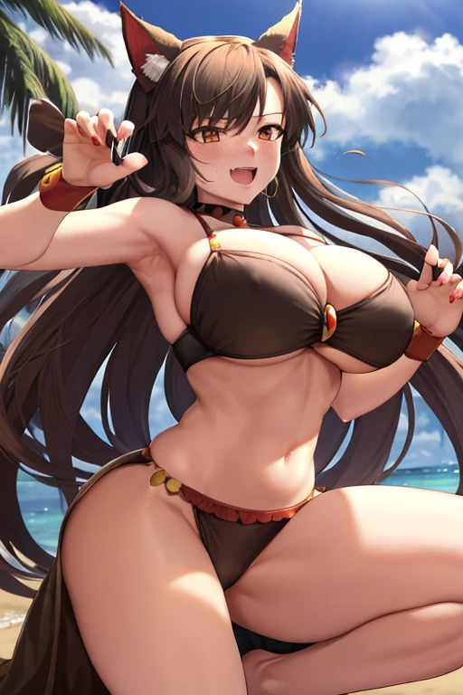masterpiece, best quality, beautiful art, high resolution, well formed hands, body and fingers, 1 woman, solo, Imaizumi Kagerou, wolf ears and wolf tail, grown up, arabian belly dancer, adult, large and round ed, (perfect hands and fingers:1.5) cleava ribbon, full body, sexy and skimputfit , gorgeous legs and thighs , fighting in a combat match, showing her fighting skills, making her guard, about to hit the viewer, looking at the viewer, sweating, bouncing breasts, smiling y and brightly, being confident and proud, action and fighting scene, martial arts arena with beach environment