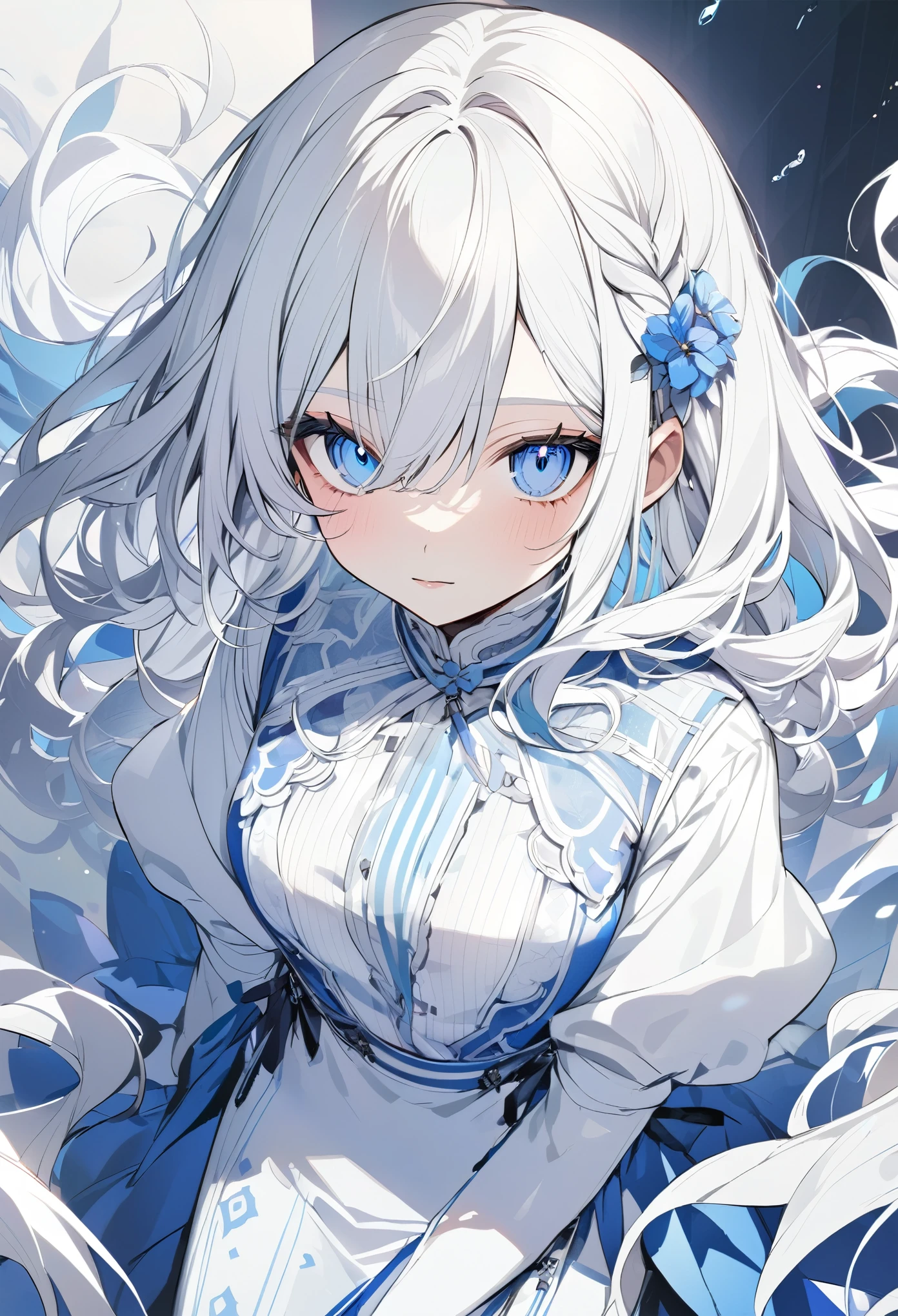 White Hair,Blue Eye Color,Blue and white outfit