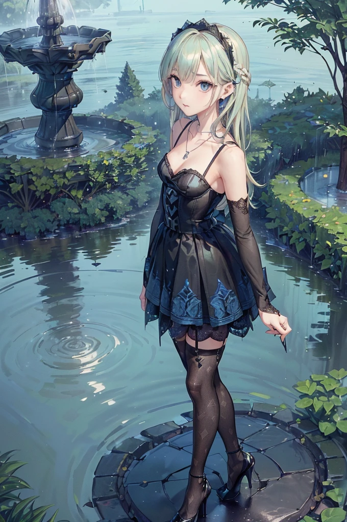 ((Biologically correct limb count))、(( From head to toe、Full-body photo including face))、4K、((Standing position))、masterpiece、((Focus on the face))、((Symmetrical facial features))、Eyes with detailed description、Beautiful woman、Great style、Beautiful arms、Beautiful legs、Beautiful Hands、(Small Ass、Thin thighs)、Facial detailing、Small earrings、necklace、(White see-through gothic dress、((High heels、Patterned black stockings)))、((Standing in front of a fountain in a green park in the evening, looking up))、(((A flood of letters is falling from the sky)))、Close-up photo of the upper body、Lace gloves、(((blue blonde)))、rain