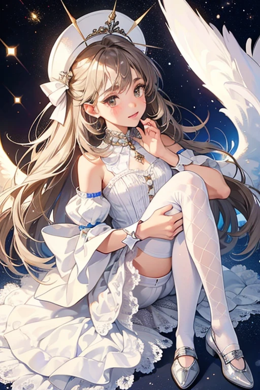 Bashful Q.T. has dark brown skin, glitter brown eyes, translucent hair, white freckles on her nose, white lipstick, brown eyebrows, and white hearts on either cheek. She wears a white dress with a silver collar and silver tufts at the bottom rim. She also has silver angel-like wings, white fishnet tights, and silver shoes with white soles and silver pom-poms. SPARKLE; GLITTER