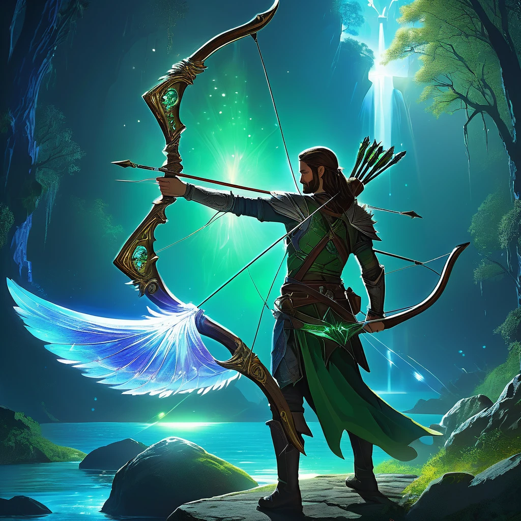 Imagine a fantasy medieval bow resting on a rock by the edge of an enchanted river, its presence radiating an aura of ancient magic. The bow is crafted from a rare, luminous wood that glows softly in the moonlight, with intricate carvings of mythical creatures and runes along its length. The string, seemingly spun from threads of pure silver, glimmers with an ethereal light. Nearby, arrows with feathered fletchings and tips made of crystalline material lie in a quiver. The enchanted river flows gently, its waters shimmering with hues of emerald and sapphire, reflecting the surrounding mystical forest and the bow's magical glow. Capture the serene yet powerful essence of this scene, where the enchanted bow awaits the hand of a skilled archer in a landscape brimming with magic and wonder."