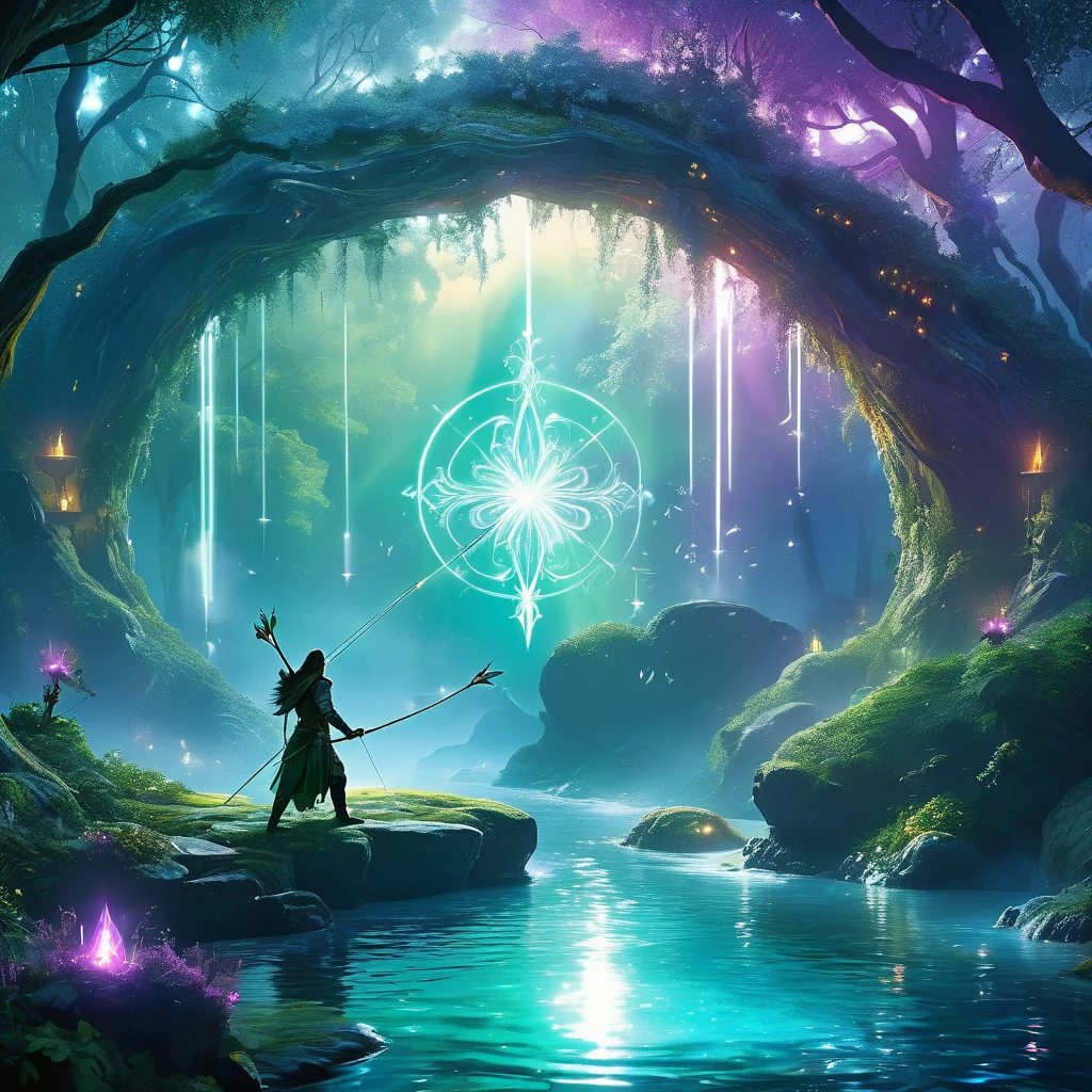 Imagine a fantasy medieval bow resting on a rock by the edge of an enchanted river, its presence radiating an aura of ancient magic. The bow is crafted from a rare, luminous wood that glows softly in the moonlight, with intricate carvings of mythical creatures and runes along its length. The string, seemingly spun from threads of pure silver, glimmers with an ethereal light. Nearby, arrows with feathered fletchings and tips made of crystalline material lie in a quiver. The enchanted river flows gently, its waters shimmering with hues of emerald and sapphire, reflecting the surrounding mystical forest and the bow's magical glow. Capture the serene yet powerful essence of this scene, where the enchanted bow awaits the hand of a skilled archer in a landscape brimming with magic and wonder."