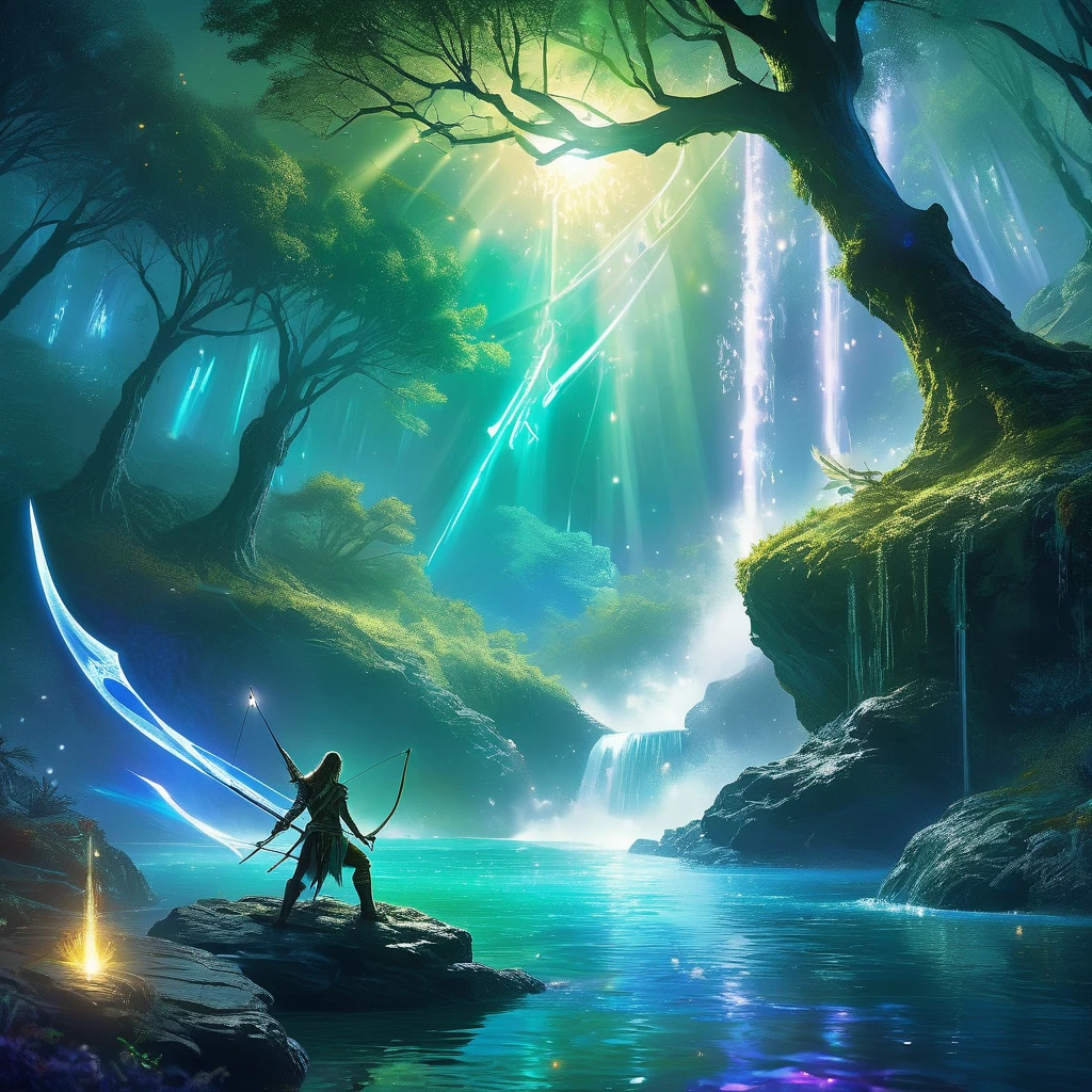 Imagine a fantasy medieval bow resting on a rock by the edge of an enchanted river, its presence radiating an aura of ancient magic. The bow is crafted from a rare, luminous wood that glows softly in the moonlight, with intricate carvings of mythical creatures and runes along its length. The string, seemingly spun from threads of pure silver, glimmers with an ethereal light. Nearby, arrows with feathered fletchings and tips made of crystalline material lie in a quiver. The enchanted river flows gently, its waters shimmering with hues of emerald and sapphire, reflecting the surrounding mystical forest and the bow's magical glow. Capture the serene yet powerful essence of this scene, where the enchanted bow awaits the hand of a skilled archer in a landscape brimming with magic and wonder."
