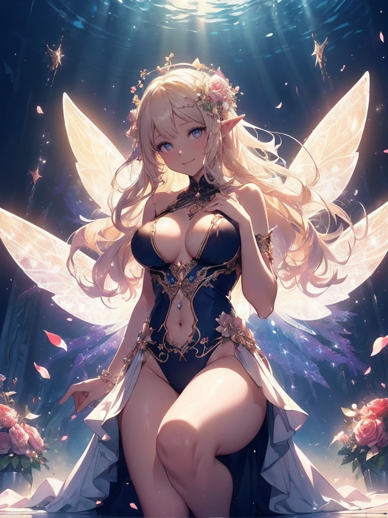 最high quality、1 beautiful woman,elf ((cowboy shot ))、View from the front、美しい虹Farbeに輝く翼、Big angel wings、Wet、Beautiful groin、detailed groin、、Blushing、親しいsmile、Ecstasy、Beautiful thighs、Filled with roses、Lots of roses、Floral Throne、 Magnificent Fairy Throne、flower fractal fine art、Fill the screen with flowers、Bigger on the screen、Beautiful Eyes、、Fairy tale、Märchen Beautiful Eyes,High-definition depiction, Realistic, 8K, Unity, , light smile, Beautifully and vividly drawn, , Beautiful, beautiful, clear skin、sexly swim suit,比基尼 ,sexly 、Ecstasy、 Raise your arms behind your head,  Romanticism,mosquito。 The most beautiful form of chaos, Mr..々Farbe, Intertwined flowers, P article,Magical gentle light,smile,sexy,image quality、masterpiece、Beautiful Face、Super beautiful woman((Big breasted 22 year old office lady、Bust 100,Beautiful long ironed hair、Blonde Hair、height: 165cm。、sexy、Esbian、high quality、、Visual Arts、最high quality、1 woman NP: Worst quality ,Flower fractal art、、Beautiful radiance,High-definition depiction, Realistic, 8K, Unity, , light smile, Beautifully and vividly drawn, , Beautiful, beautiful, clear skin、sexly ((swimwear 比基尼,))Countless rays of light pouring down, Swirling Light, , Raise one arm above your head, Intense light is emitted from the magic flower circle  front of the girl. Romanticism,: The most beautiful form of chaos, Mr..々Farbe, Intertwined flowers, Particle,magical gentle light,smile,sexly,image quality、masterpiece、Beautiful Face、Super beautiful elf woman((Big breasted ,Beautiful 、sexly、Esbian、、high quality、Visual art、Written boundary depth、、elf Ears、、universe、Happy smile、、、elegant、ticker beautiful decorative、、magic、、Beautiful bed、A kind smile、wonderful、Fluttering petals、、Cultivate fantasy、、Mystery light　Lots of flowers、、art、art,mystery,Ultra-high resolution,atmosphere 最high quality、