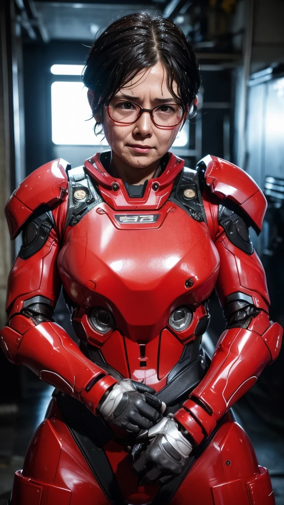 Highest quality 8k Red Mechanic Robot Suit Glasses Middle-aged women Sweaty face cute short hair boyish Steam coming out of my head My hair is wet with sweat The feel of black hair Full body portrait My upper body is soaked Spread your legs I can see the vagina front Angle from below