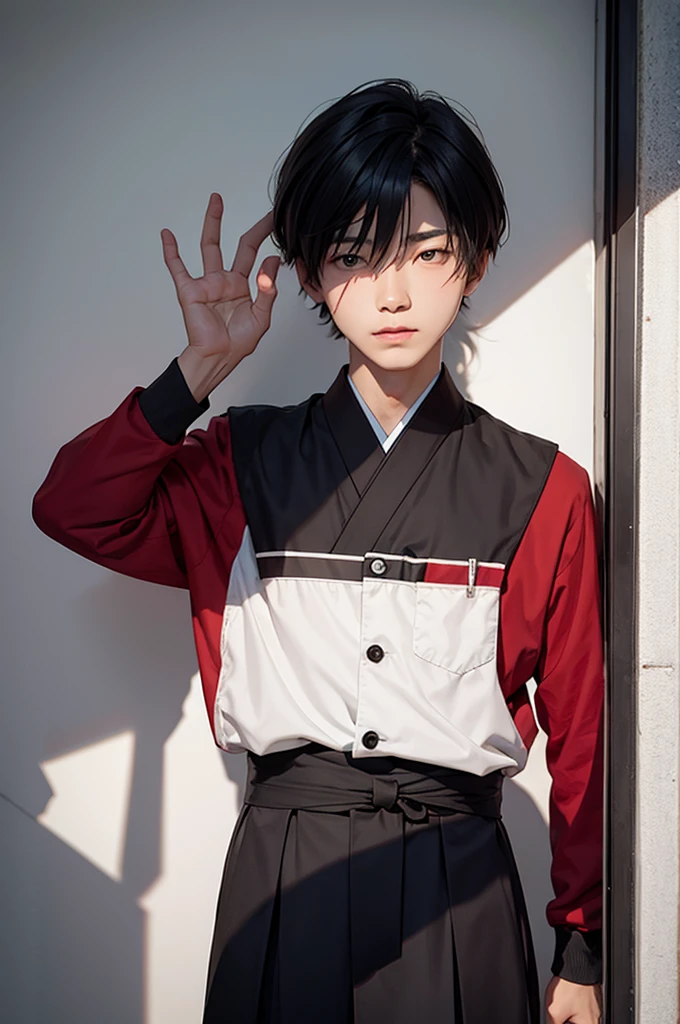 Young boy with handsome face, short red hair, Japanese haircut, gray eyes, long eyelashes, black collar, Japanese schoolboy outfit, behind broken glass, red liquid, sad expression, ultra-detailed, in shadow, scar, alone, demon shadow looming on wall.