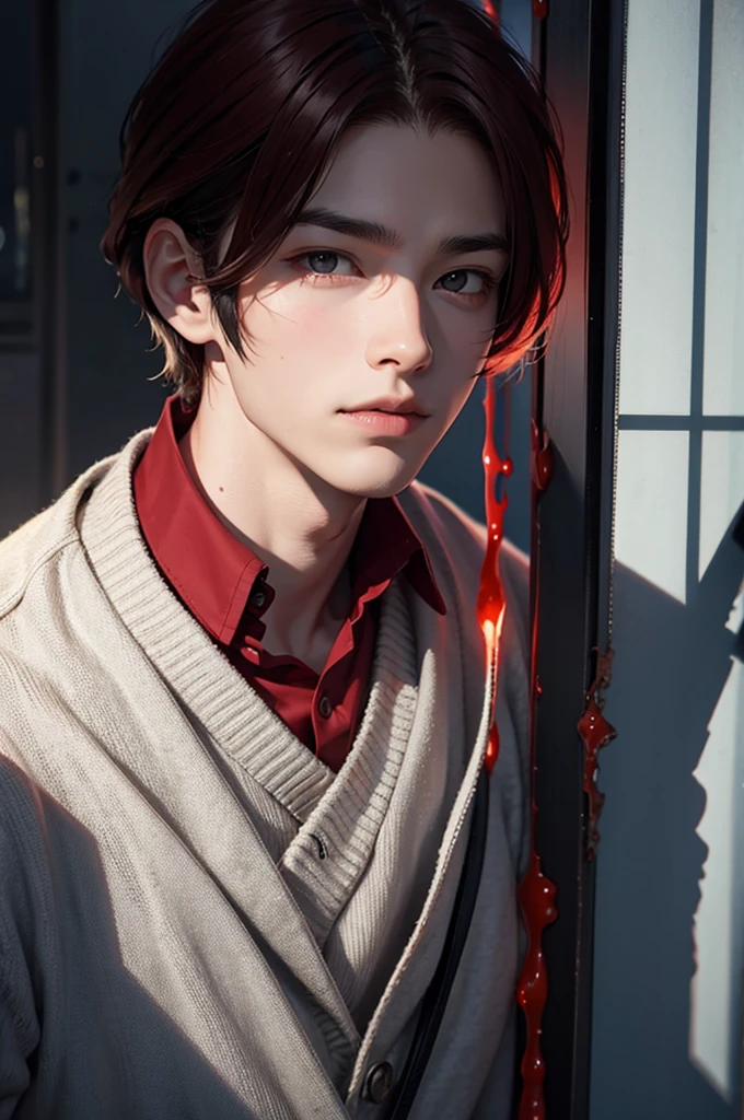 Young boy with handsome face, short red hair, Japanese haircut, gray eyes, long eyelashes, black collar, Japanese schoolboy outfit, behind broken glass, red liquid, sad expression, ultra-detailed, in shadow, scar, alone, demon shadow looming on wall.