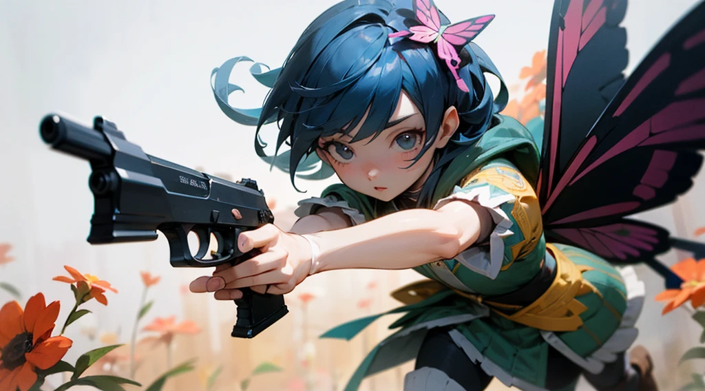 Octane Render、(Hyper-detailing: 1.15)、cinematic lightening、Cute Fantasy Princess、Handgun shooting practice、Fine Pattern Pistol,long boots、ultradetailed eyes、Full Paint、（Floral hair ornament、butterfly hair ornament）、masutepiece、Anatomically correct、blur、depth of fields