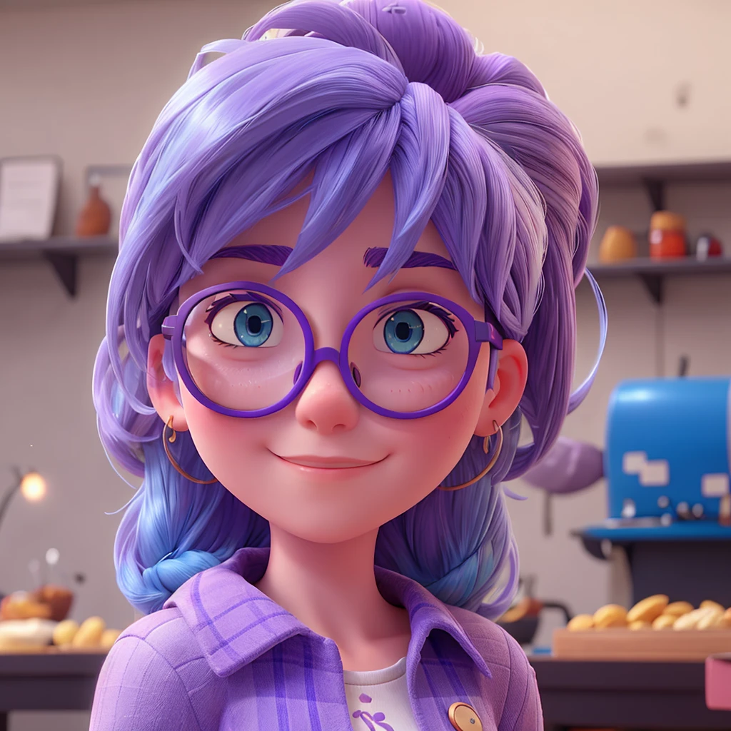 Blue hair, lilac skin and round glasses