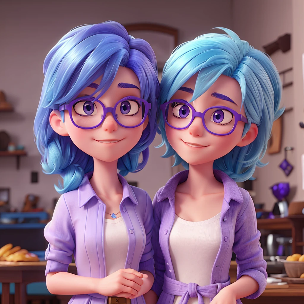 Blue hair, lilac skin and round glasses