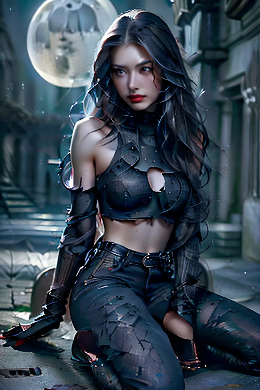 (Sci-fi fantasy), (masterpiece), (Professional Oil Painting) (Highest quality), (8K resolution), (1 beautiful girl), ((Pale grey skin)), (Iron grey skin), ((Jeans Clothes)),(Red jacket)), ((Black t-shirt underneath), ((Red lipstick)), ((Black sneakers)), (Concept Art), Small box, (Long Hair), (Messy Hair), (Black Hair), (Iron-gray hair), ((With futuristic weapons)), (ammunition), ((Moonlight at night)), (Sit down and think))