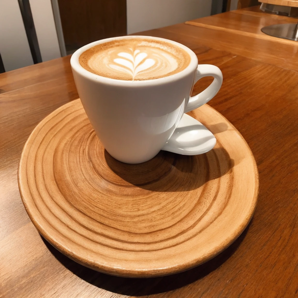 A coffee cup is placed on a wooden plate on a table、