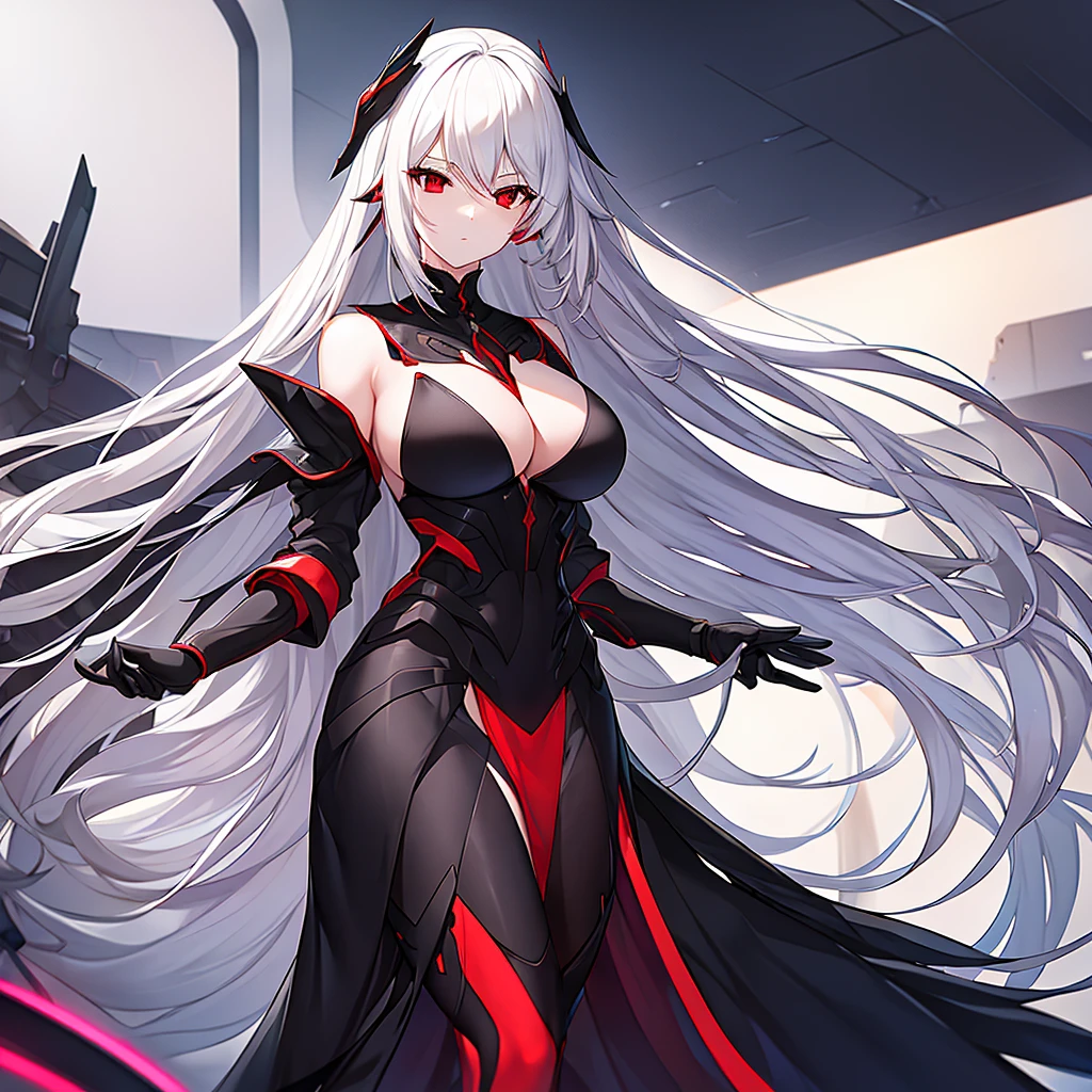 sensual female character with long white hair. Red eyes. mature face. black dress with low neckline. it must be in a futuristic setting
