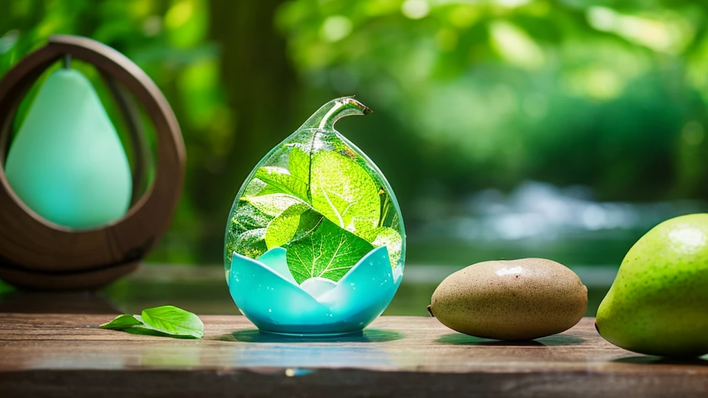 transparent glass pear inside its composition river mountain forest and waterfall it's all inside the glass pear, background vibrant colourful garden with blur