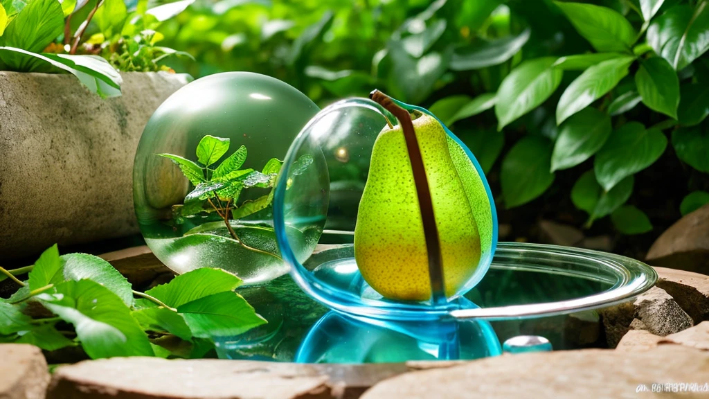 transparent glass pear inside its composition river mountain forest and waterfall it's all inside the glass pear, background vibrant colourful garden with blur