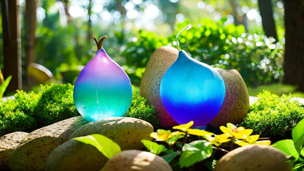 transparent glass pear inside its composition river mountain forest and waterfall it's all inside the glass pear, background vibrant colourful garden with blur