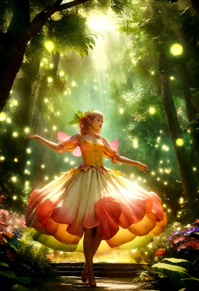3 beautiful bees dancing happily in the forest, animated 3d, colorful, enchanting, whimsical, magical forest, vibrant colors, glowing fireflies, sun rays, lush greenery, detailed petals and leaves, ethereal lighting, dreamlike atmosphere, intricate details, warm tones, vibrant palette, photorealistic, 8k, masterpiece, highly detailed