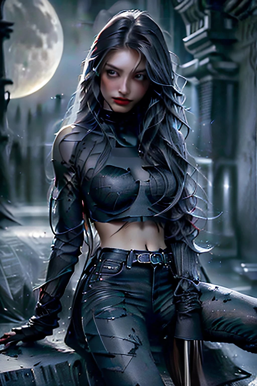 (Sci-fi fantasy), (masterpiece), (Professional Oil Painting) (Highest quality), (8K resolution), (1 beautiful girl), ((Pale grey skin)), (Iron grey skin), ((Jeans Clothes)),(Red jacket)), ((Black t-shirt underneath), ((Red lipstick)), ((Black sneakers)), (Concept Art), Small box, (Long Hair), (Messy Hair), (Black Hair), (Iron-gray hair), ((With futuristic weapons)), (ammunition), ((Moonlight at night)), (Sit down and think))