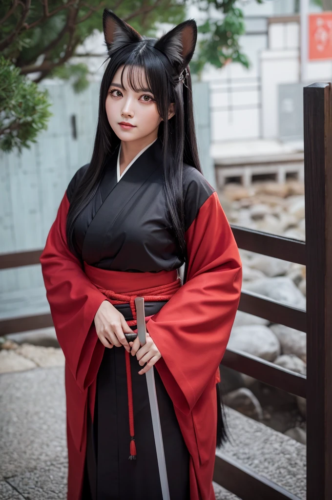 woman、Black Hair、Red Eye、kimono、Fox ears、tail、Japanese sword on waist。